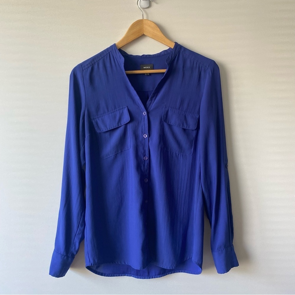 Mexx Band Collar Button Up Roll Up Sleeves Blouse Royal Blue